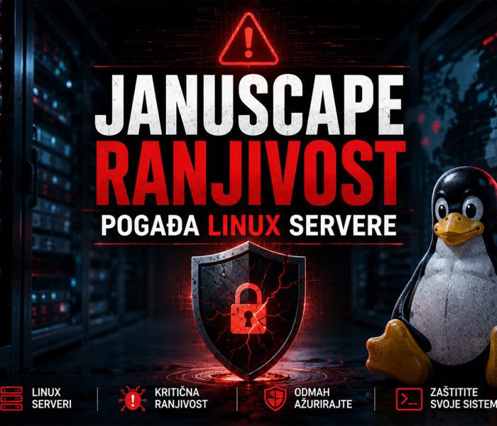 Hero baner koji prikazuje Januscape ranjivost koja pogađa Linux servere, sa server rekovima, Tux Linux maskotom, upozorenjem o sajber bezbednosti i simbolom kompromitovane zaštite.