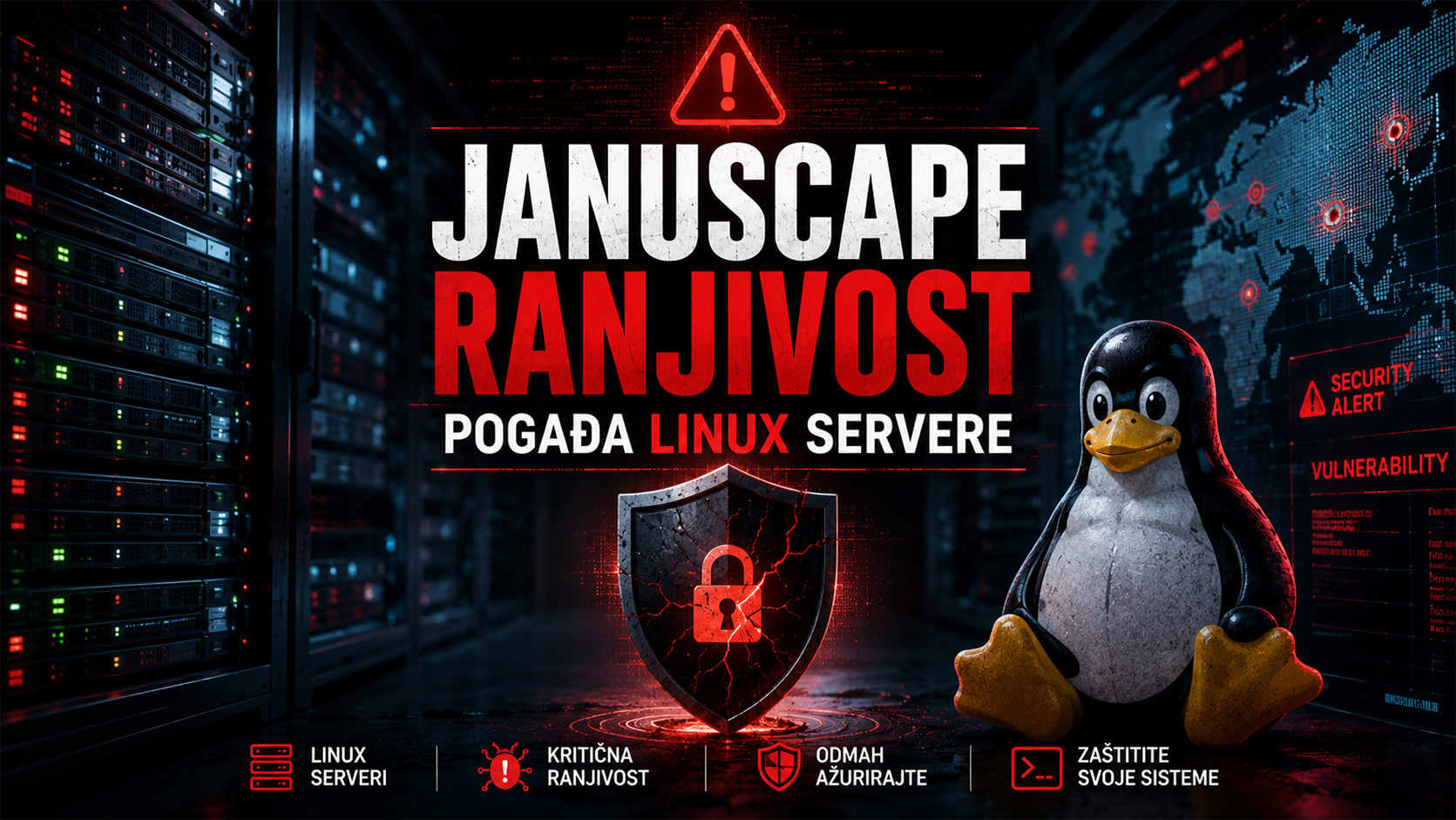 Hero baner koji prikazuje Januscape ranjivost koja pogađa Linux servere, sa server rekovima, Tux Linux maskotom, upozorenjem o sajber bezbednosti i simbolom kompromitovane zaštite.