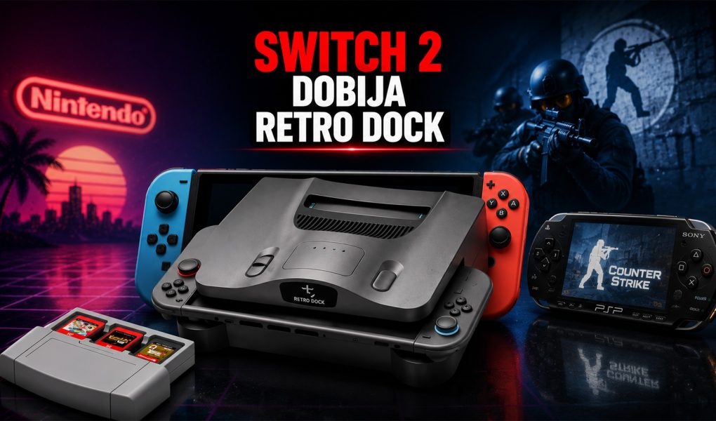 Nintendo Switch 2 sa retro dock dodatkom u centru banera, uz PSP koji prikazuje Counter-Strike inspirisanu igru i gejming pozadinu sa neon osvetljenjem.