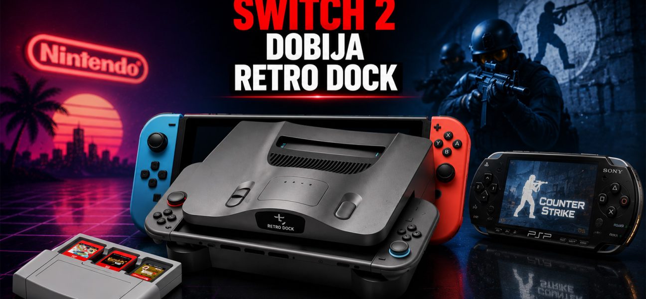 Nintendo Switch 2 sa retro dock dodatkom u centru banera, uz PSP koji prikazuje Counter-Strike inspirisanu igru i gejming pozadinu sa neon osvetljenjem.