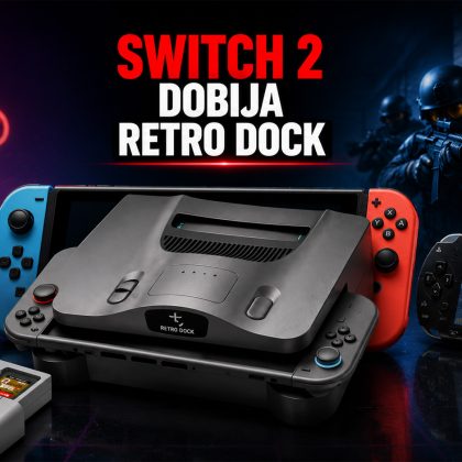 Nintendo Switch 2 sa retro dock dodatkom u centru banera, uz PSP koji prikazuje Counter-Strike inspirisanu igru i gejming pozadinu sa neon osvetljenjem.