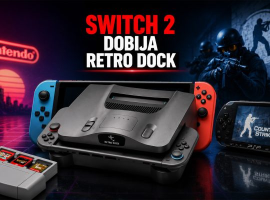 Nintendo Switch 2 sa retro dock dodatkom u centru banera, uz PSP koji prikazuje Counter-Strike inspirisanu igru i gejming pozadinu sa neon osvetljenjem.