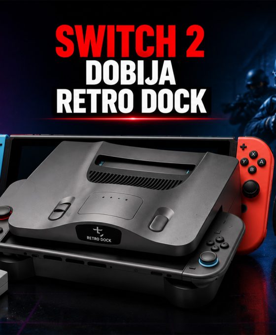 Nintendo Switch 2 sa retro dock dodatkom u centru banera, uz PSP koji prikazuje Counter-Strike inspirisanu igru i gejming pozadinu sa neon osvetljenjem.