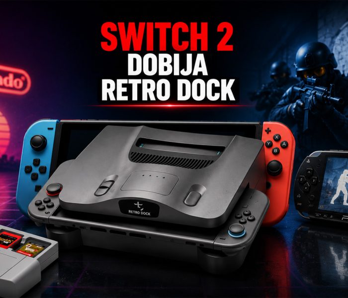 Nintendo Switch 2 sa retro dock dodatkom u centru banera, uz PSP koji prikazuje Counter-Strike inspirisanu igru i gejming pozadinu sa neon osvetljenjem.