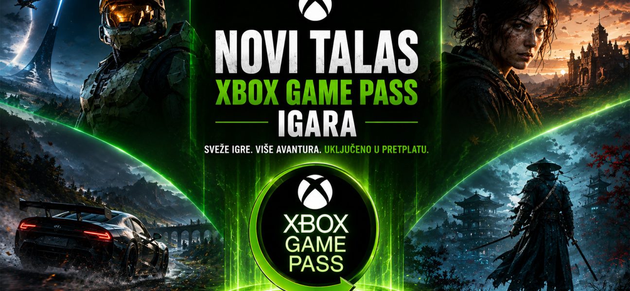 Hero baner za članak o novom talasu Xbox Game Pass igara sa Xbox Game Pass logotipom u centru i dinamičnim gejming scenama koje predstavljaju različite žanrove dostupne u pretplati.