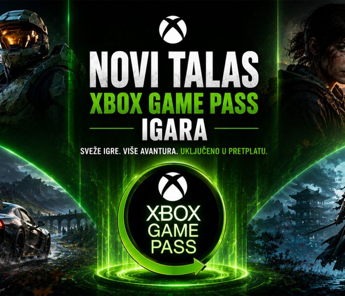 Hero baner za članak o novom talasu Xbox Game Pass igara sa Xbox Game Pass logotipom u centru i dinamičnim gejming scenama koje predstavljaju različite žanrove dostupne u pretplati.