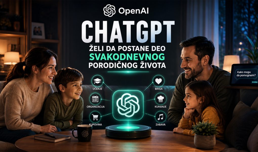 Baner koji prikazuje porodicu u modernom domu kako koristi ChatGPT kao AI asistenta za svakodnevne aktivnosti, uz vizuelne elemente koji simbolizuju učenje, organizaciju, zabavu i pomoć u domaćinstvu.