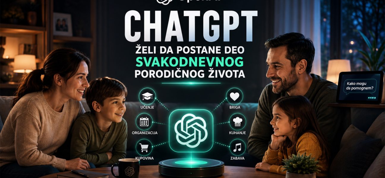 Baner koji prikazuje porodicu u modernom domu kako koristi ChatGPT kao AI asistenta za svakodnevne aktivnosti, uz vizuelne elemente koji simbolizuju učenje, organizaciju, zabavu i pomoć u domaćinstvu.