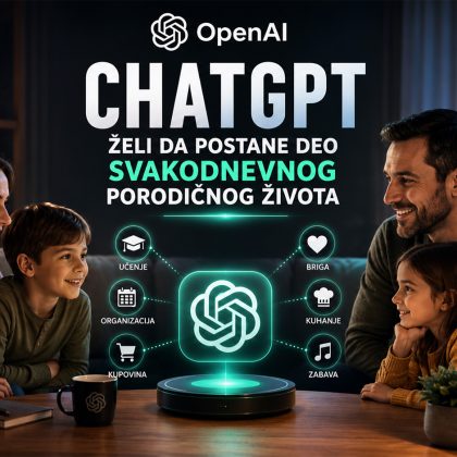 Baner koji prikazuje porodicu u modernom domu kako koristi ChatGPT kao AI asistenta za svakodnevne aktivnosti, uz vizuelne elemente koji simbolizuju učenje, organizaciju, zabavu i pomoć u domaćinstvu.