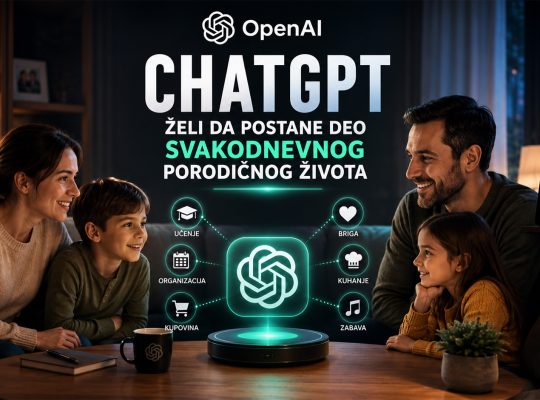 Baner koji prikazuje porodicu u modernom domu kako koristi ChatGPT kao AI asistenta za svakodnevne aktivnosti, uz vizuelne elemente koji simbolizuju učenje, organizaciju, zabavu i pomoć u domaćinstvu.