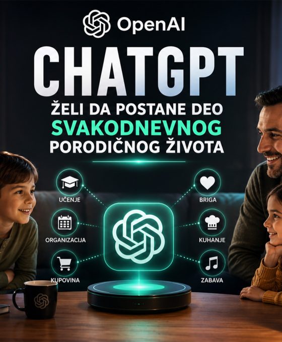 Baner koji prikazuje porodicu u modernom domu kako koristi ChatGPT kao AI asistenta za svakodnevne aktivnosti, uz vizuelne elemente koji simbolizuju učenje, organizaciju, zabavu i pomoć u domaćinstvu.