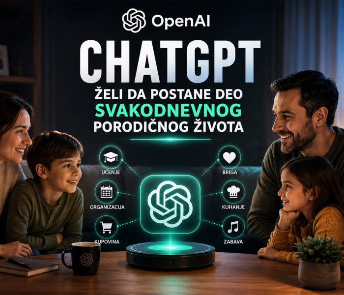Baner koji prikazuje porodicu u modernom domu kako koristi ChatGPT kao AI asistenta za svakodnevne aktivnosti, uz vizuelne elemente koji simbolizuju učenje, organizaciju, zabavu i pomoć u domaćinstvu.