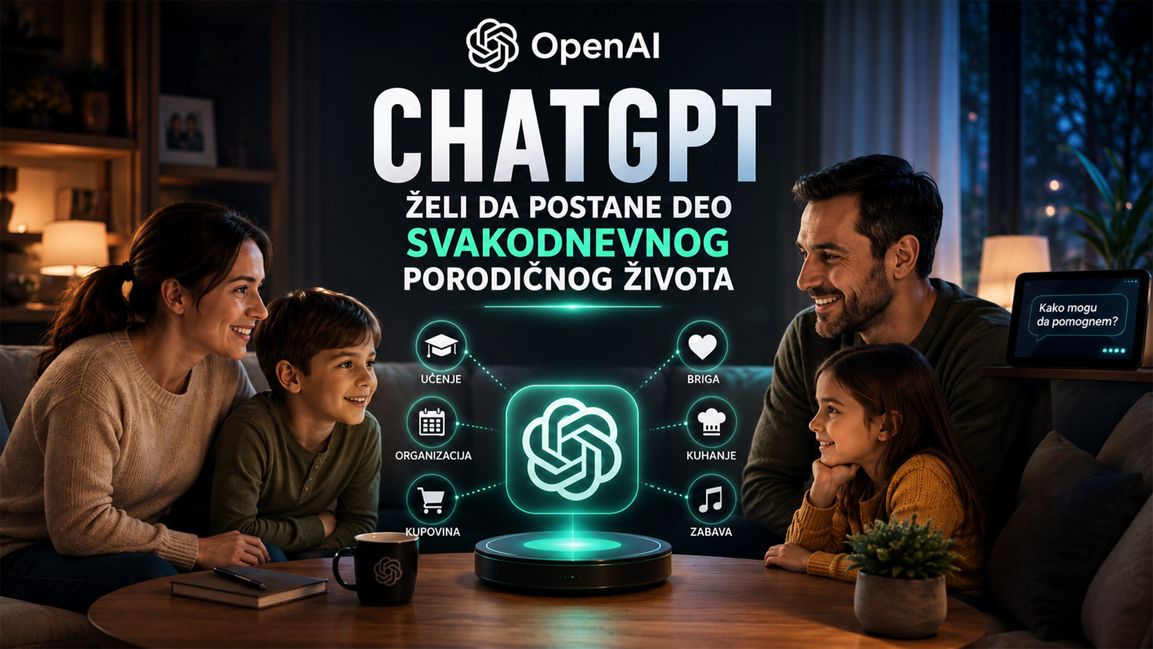 Baner koji prikazuje porodicu u modernom domu kako koristi ChatGPT kao AI asistenta za svakodnevne aktivnosti, uz vizuelne elemente koji simbolizuju učenje, organizaciju, zabavu i pomoć u domaćinstvu.