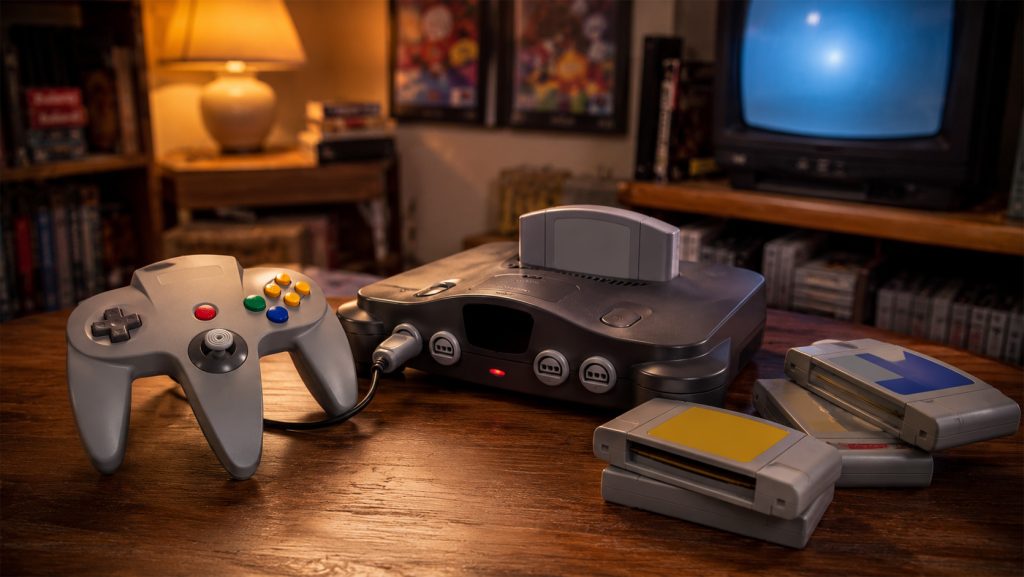 Originalna Nintendo 64 konzola sa karakterističnim sivim dizajnom i trokrakim kontrolerom na drvenom stolu, uz retro kertridže i CRT televizor u toploj gejming atmosferi.