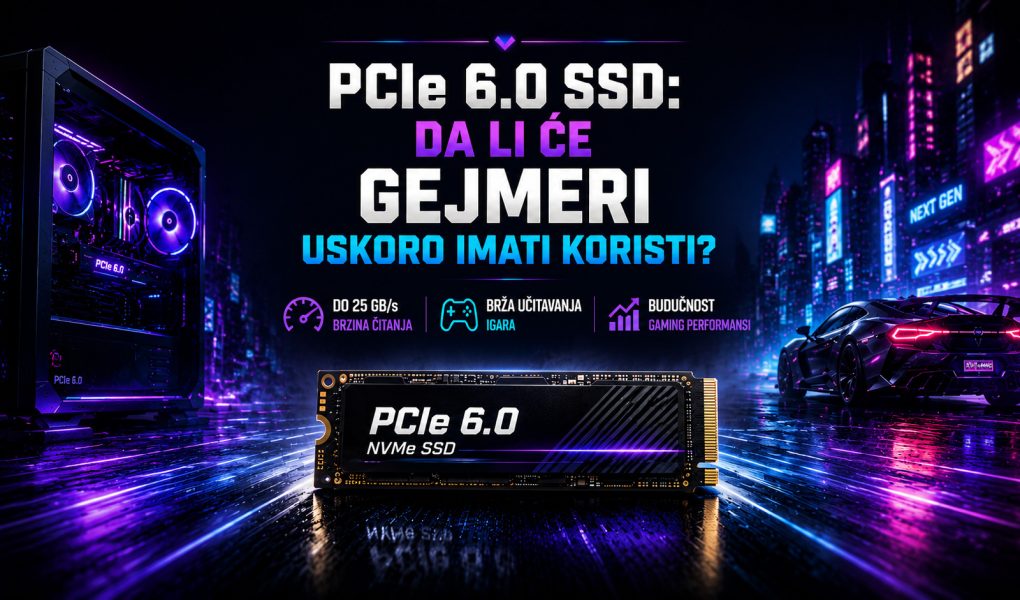 PCIe 6.0 NVMe SSD u centru futurističkog gaming okruženja sa naslovom „PCIe 6.0 SSD: Da li će gejmeri uskoro imati koristi?“ i ikonama koje ističu brzinu čitanja, brže učitavanje igara i buduće gaming performanse.