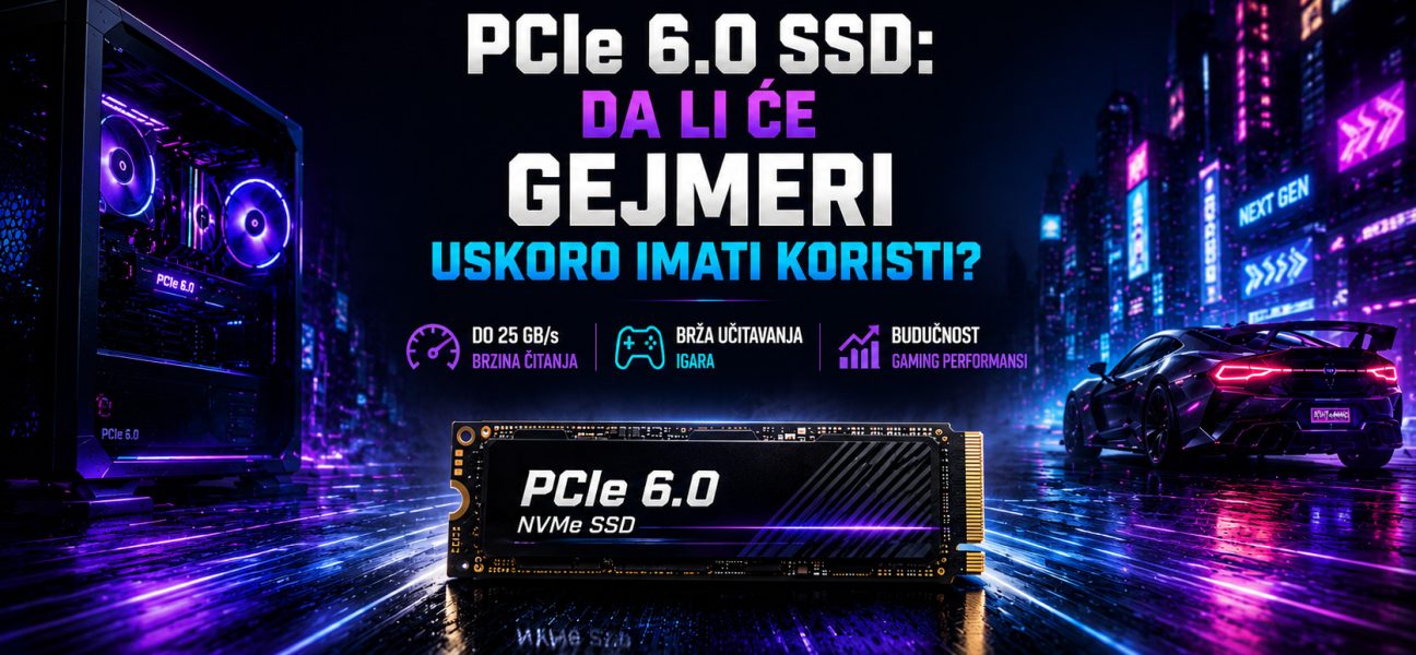 PCIe 6.0 NVMe SSD u centru futurističkog gaming okruženja sa naslovom „PCIe 6.0 SSD: Da li će gejmeri uskoro imati koristi?“ i ikonama koje ističu brzinu čitanja, brže učitavanje igara i buduće gaming performanse.
