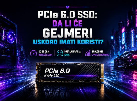 PCIe 6.0 NVMe SSD u centru futurističkog gaming okruženja sa naslovom „PCIe 6.0 SSD: Da li će gejmeri uskoro imati koristi?“ i ikonama koje ističu brzinu čitanja, brže učitavanje igara i buduće gaming performanse.