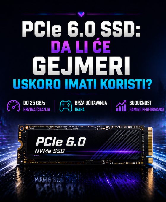 PCIe 6.0 NVMe SSD u centru futurističkog gaming okruženja sa naslovom „PCIe 6.0 SSD: Da li će gejmeri uskoro imati koristi?“ i ikonama koje ističu brzinu čitanja, brže učitavanje igara i buduće gaming performanse.