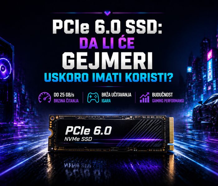 PCIe 6.0 NVMe SSD u centru futurističkog gaming okruženja sa naslovom „PCIe 6.0 SSD: Da li će gejmeri uskoro imati koristi?“ i ikonama koje ističu brzinu čitanja, brže učitavanje igara i buduće gaming performanse.