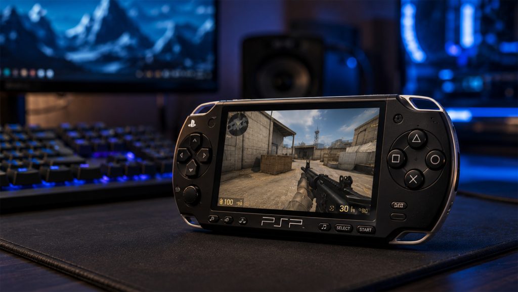 Originalna Sony PSP prenosiva konzola na gejming stolu prikazuje generičku taktičku FPS igru, dok se u pozadini vide mehanička tastatura, monitor i plavo RGB osvetljenje.
