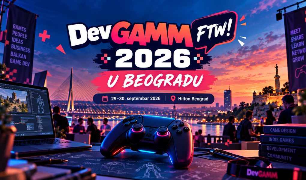 DevGAMM FTW! 2026 u Beogradu – gaming i game development konferencija sa pogledom na Beograd, gejming kontrolerom i atmosferom okupljanja developera.