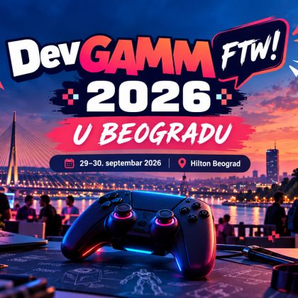 DevGAMM FTW! 2026 u Beogradu – gaming i game development konferencija sa pogledom na Beograd, gejming kontrolerom i atmosferom okupljanja developera.