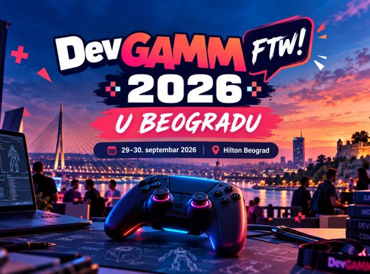 DevGAMM FTW! 2026 u Beogradu – gaming i game development konferencija sa pogledom na Beograd, gejming kontrolerom i atmosferom okupljanja developera.