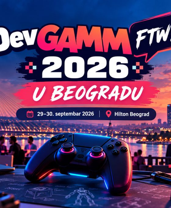 DevGAMM FTW! 2026 u Beogradu – gaming i game development konferencija sa pogledom na Beograd, gejming kontrolerom i atmosferom okupljanja developera.