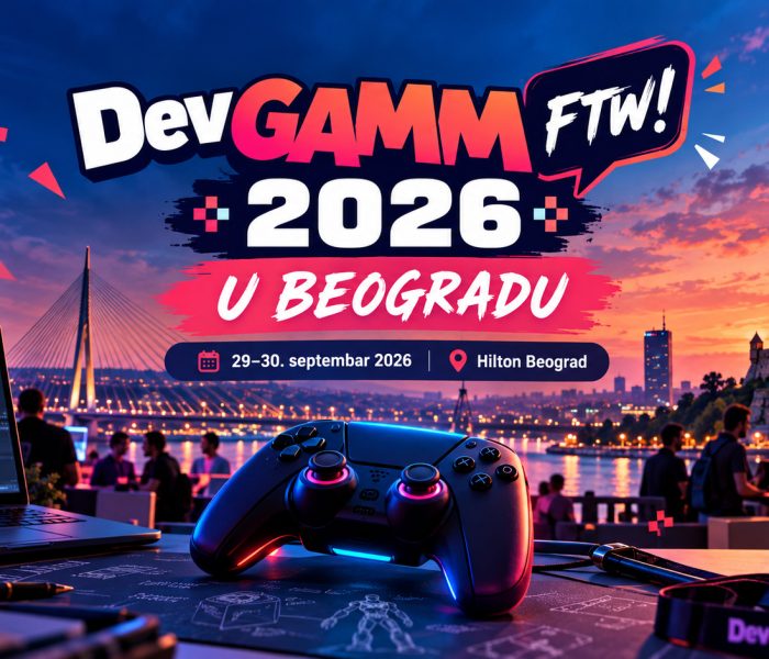 DevGAMM FTW! 2026 u Beogradu – gaming i game development konferencija sa pogledom na Beograd, gejming kontrolerom i atmosferom okupljanja developera.